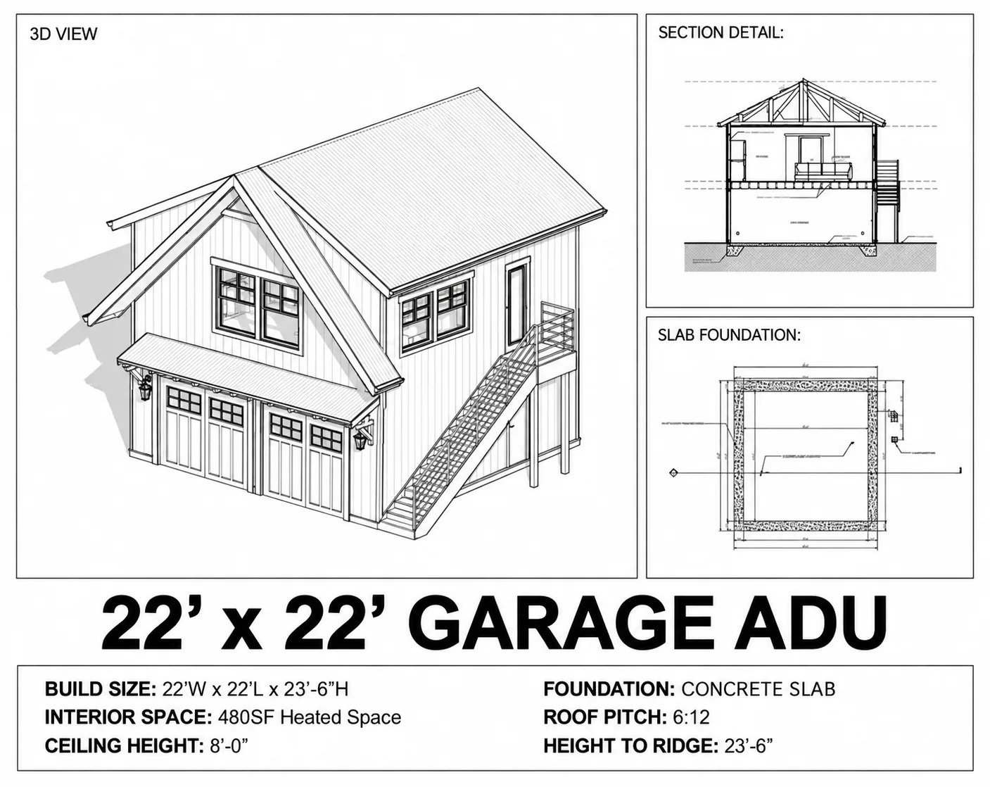Two-Car ADU Garage Loft, 22x22 floor plan