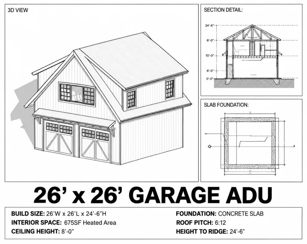 Two-Car ADU Garage Loft, 26x26