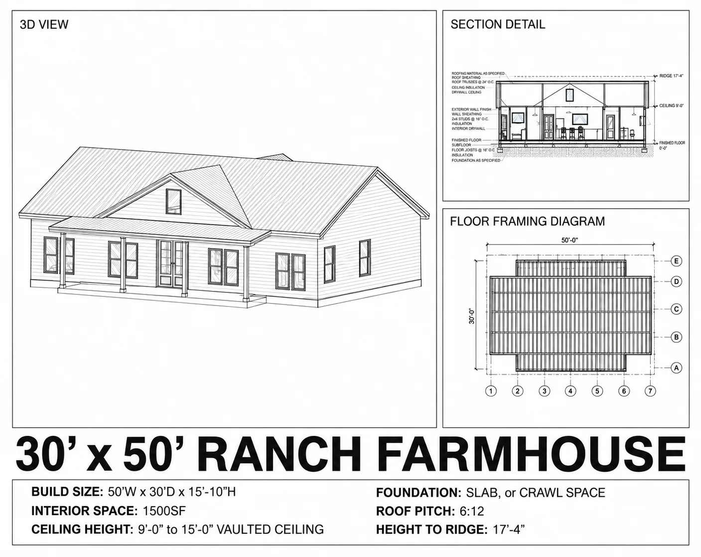 Ranch Farmhouse, 30x50 floor plan