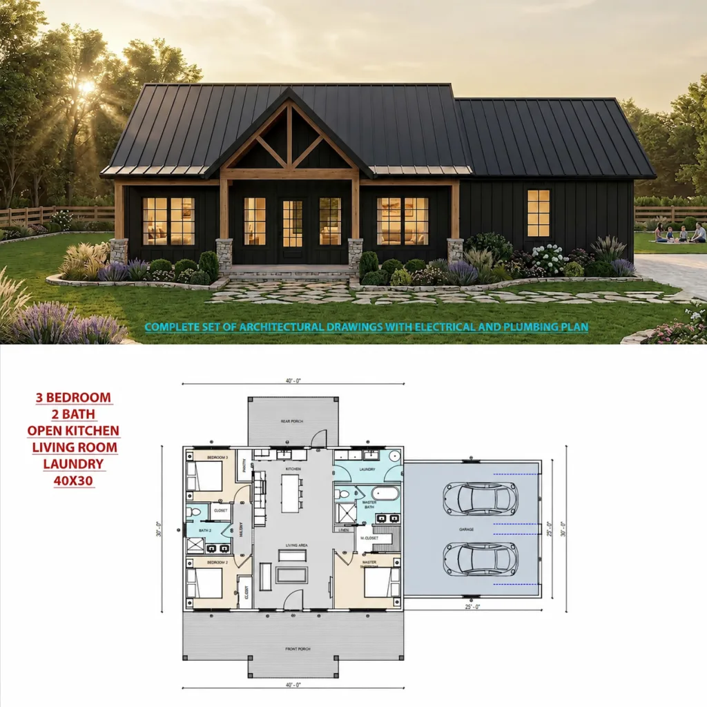 40x30 Barndominium with 25x25 Garage, 3 Bed 2 Bath