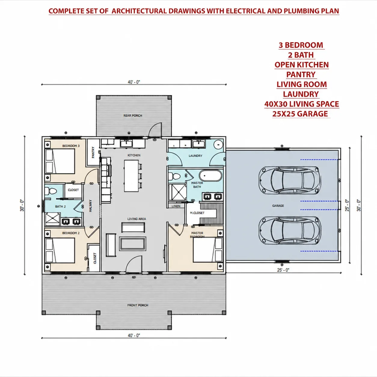 40x30 Barndominium with 25x25 Garage, 3 Bed 2 Bath floor plan