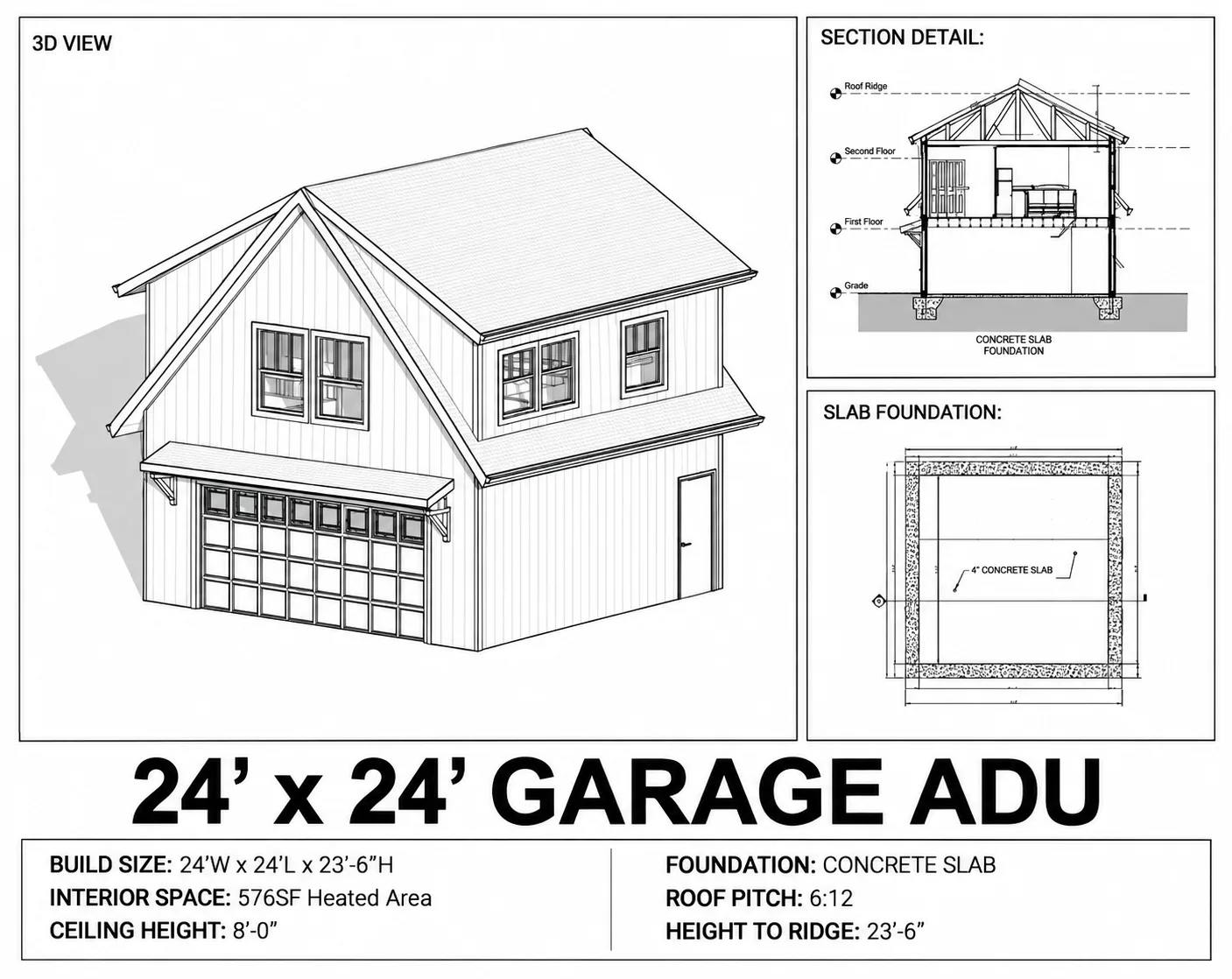 Two-Car ADU Garage Loft, 24x24 floor plan